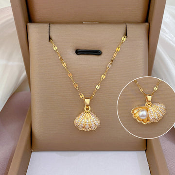 Shell Pearl & Rhinestone Necklace – Elegant Zircon Jewelry for Women