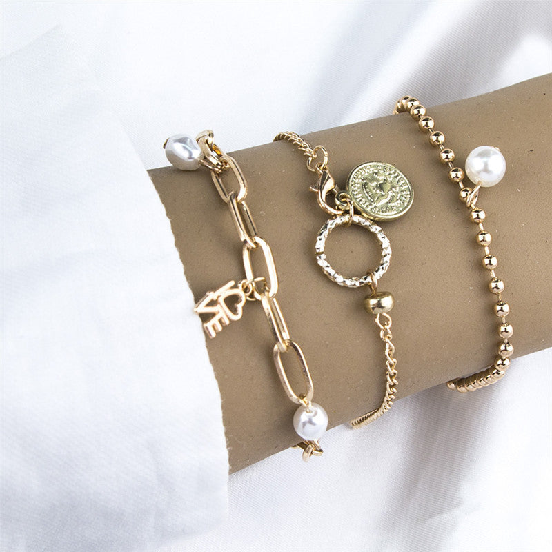 Bracelet Set Ins Design Niche Pearl Love Coin Jewelry Women 3-piece Set - Luxe Orna