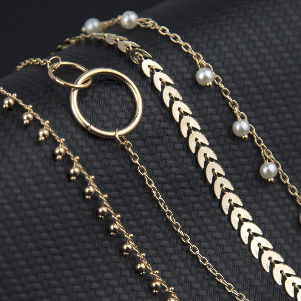 Geometric Circle Wheat Ear Pearl Pendant 4-piece Set Bracelet - Luxe Orna