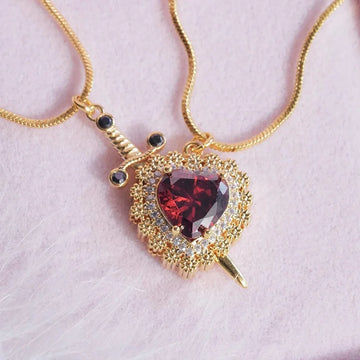 Gothic Punk Arrow Through Heart Couple Necklace | Red Rhinestone Heart & Dagger Pendant | Friendship & Fashion Jewelry
