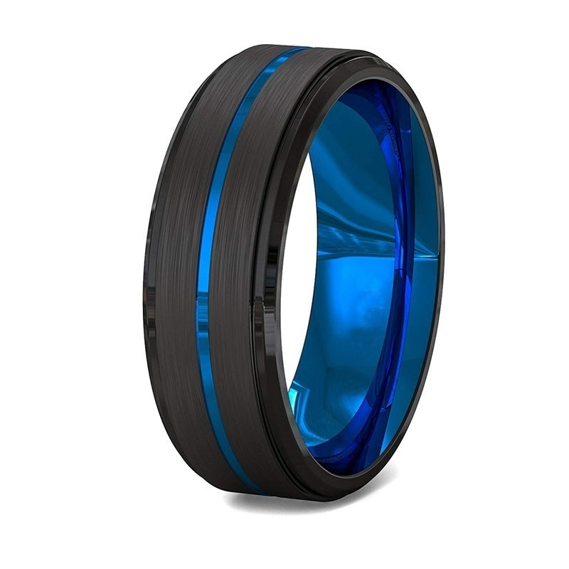 Two-Tone Men'S Jewelry 8Mm Wide Slotted Blue And Black Tungsten Steel Ring Jewelry - Luxe Orna