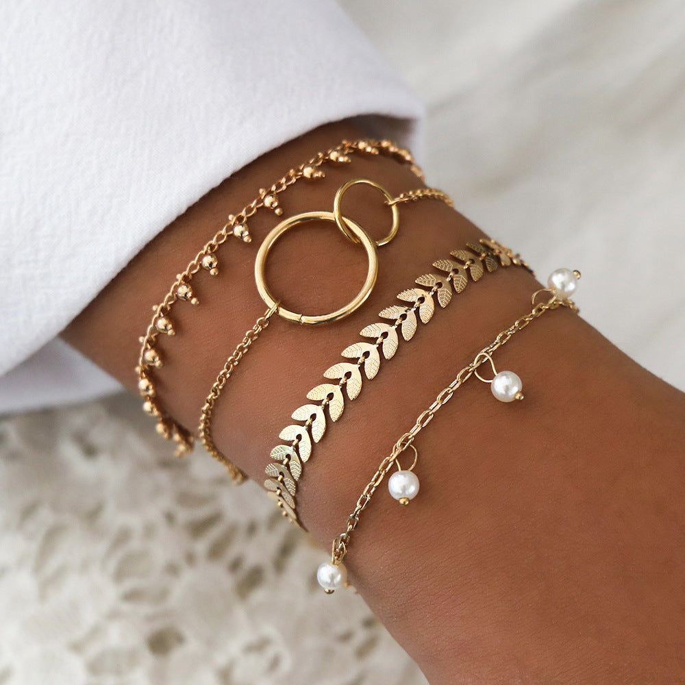 Geometric Circle Wheat Ear Pearl Pendant 4-piece Set Bracelet - Luxe Orna