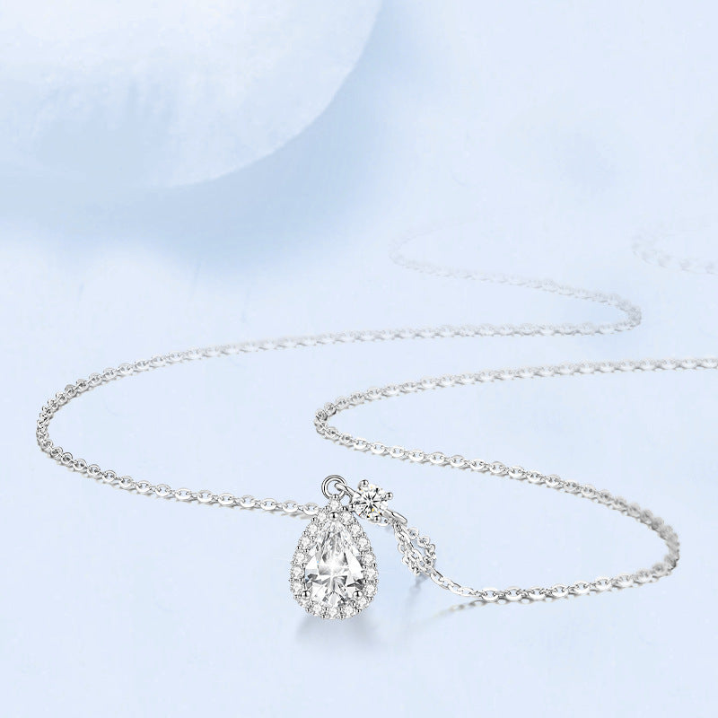 S925 Sterling Silver With Shiny Diamond Water Drop Necklace For Women Light Luxury 