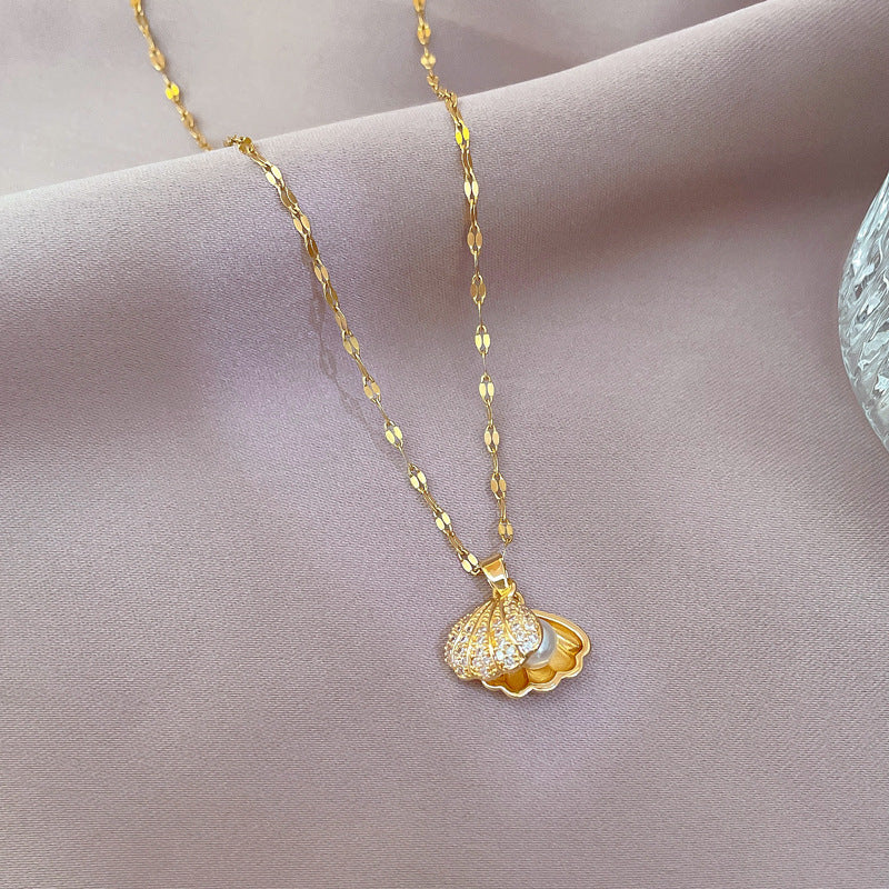 Shell Pearl & Rhinestone Necklace – Elegant Zircon Jewelry for Women