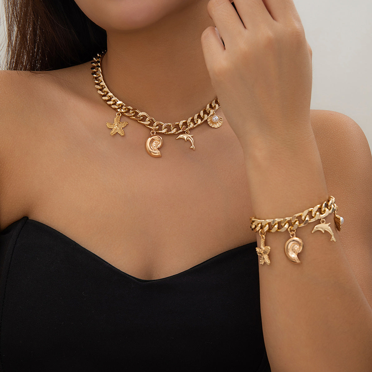 Creative Boho Conch Dolphin Starfish Pendant Choker Necklace Bracelets Women Trendy Vintage Tassel Chain Grunge Jewelry Fashion Jewelry - Luxe Orna
