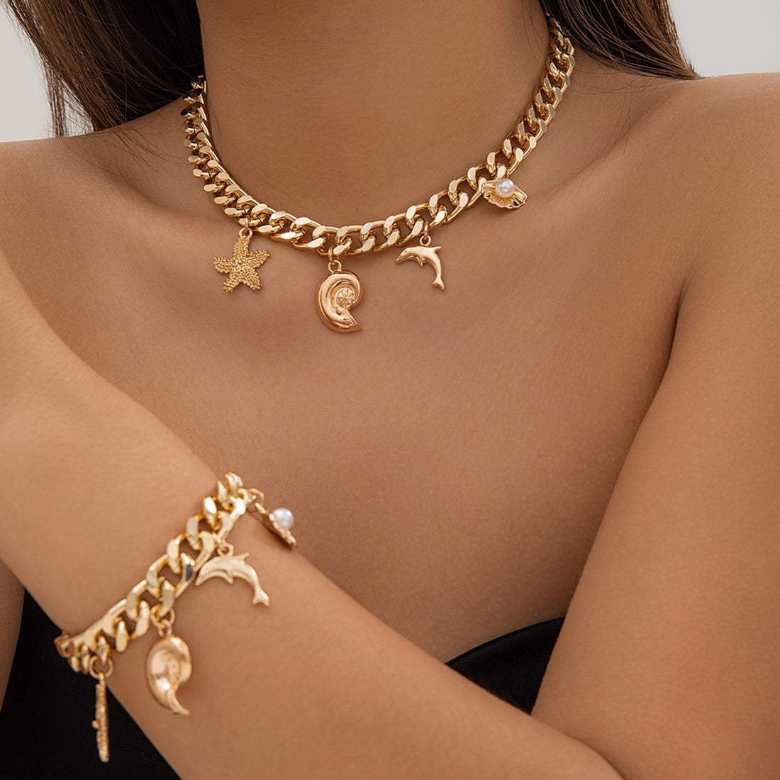 Creative Boho Conch Dolphin Starfish Pendant Choker Necklace Bracelets Women Trendy Vintage Tassel Chain Grunge Jewelry Fashion Jewelry - Luxe Orna