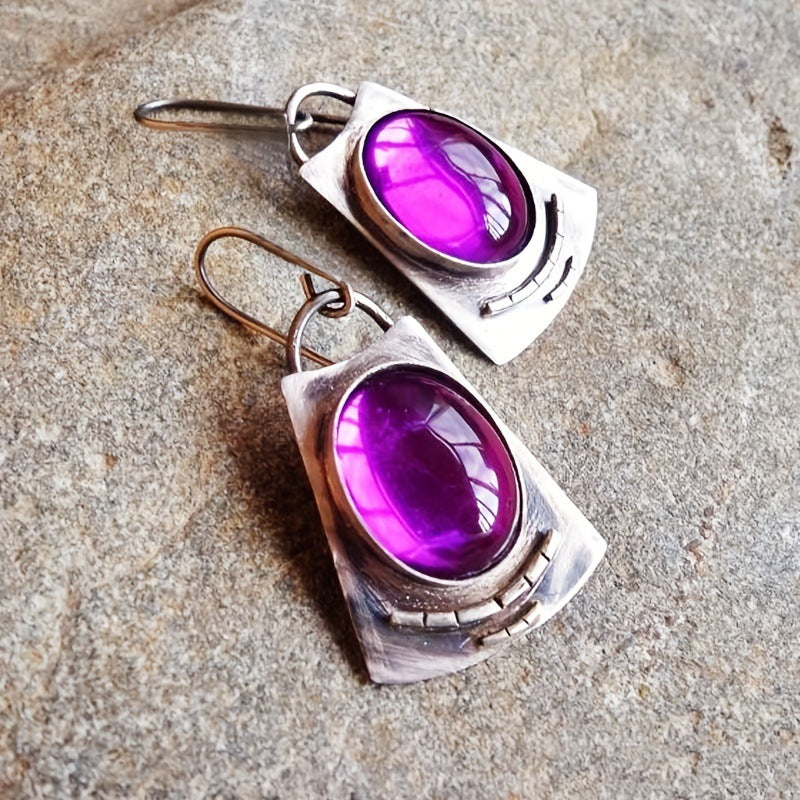 Antique Silver Inlaid Purple Stone Earrings Retro Creative - Luxe Orna