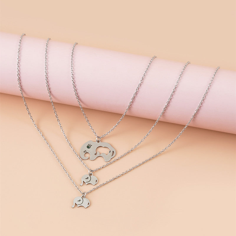 Chain With Stainless Steel Elephant Mother's Day Parent-child Card Necklace Three-piece Set - Luxe Orna