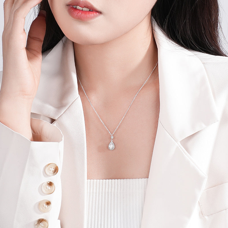 S925 Sterling Silver With Shiny Diamond Water Drop Necklace For Women Light Luxury 