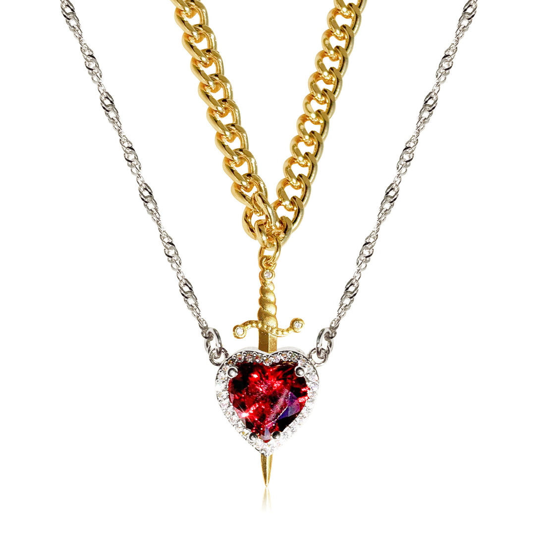 Gothic Punk Arrow Through Heart Couple Necklace | Red Rhinestone Heart & Dagger Pendant | Friendship & Fashion Jewelry