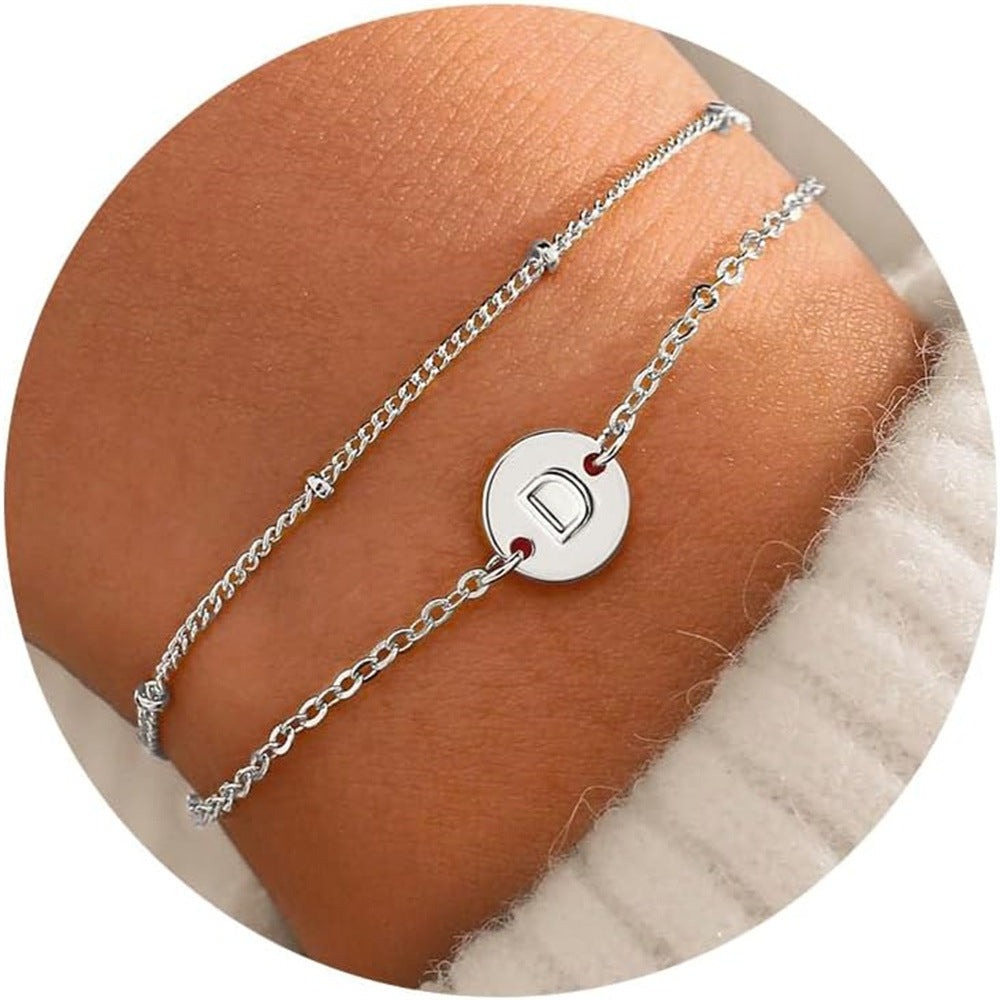 Silver Round 26 Letters Double Layer Bracelet Female Stainless Steel Small Rice-shaped Beads Layered - Luxe Orna