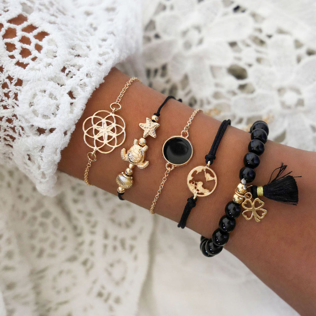 Fashion Turtle Drip Oil Tassel Bracelet Five Piece Set - Luxe Orna