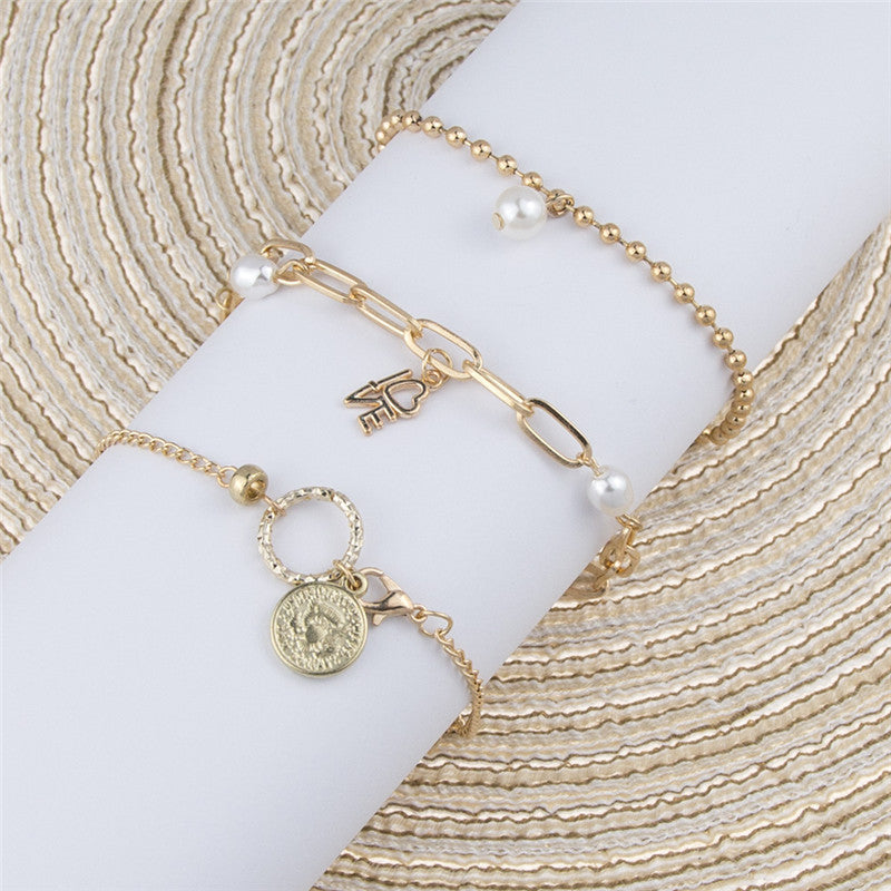 Bracelet Set Ins Design Niche Pearl Love Coin Jewelry Women 3-piece Set - Luxe Orna